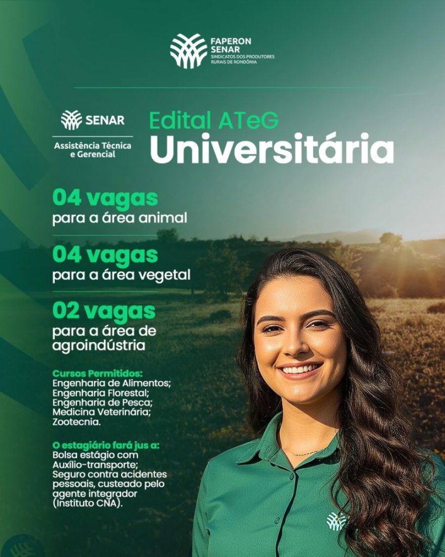 SENAR Rondônia abre inscrições para o Edital ATeG Universitária e amplia oportunidades de formação prática no agro