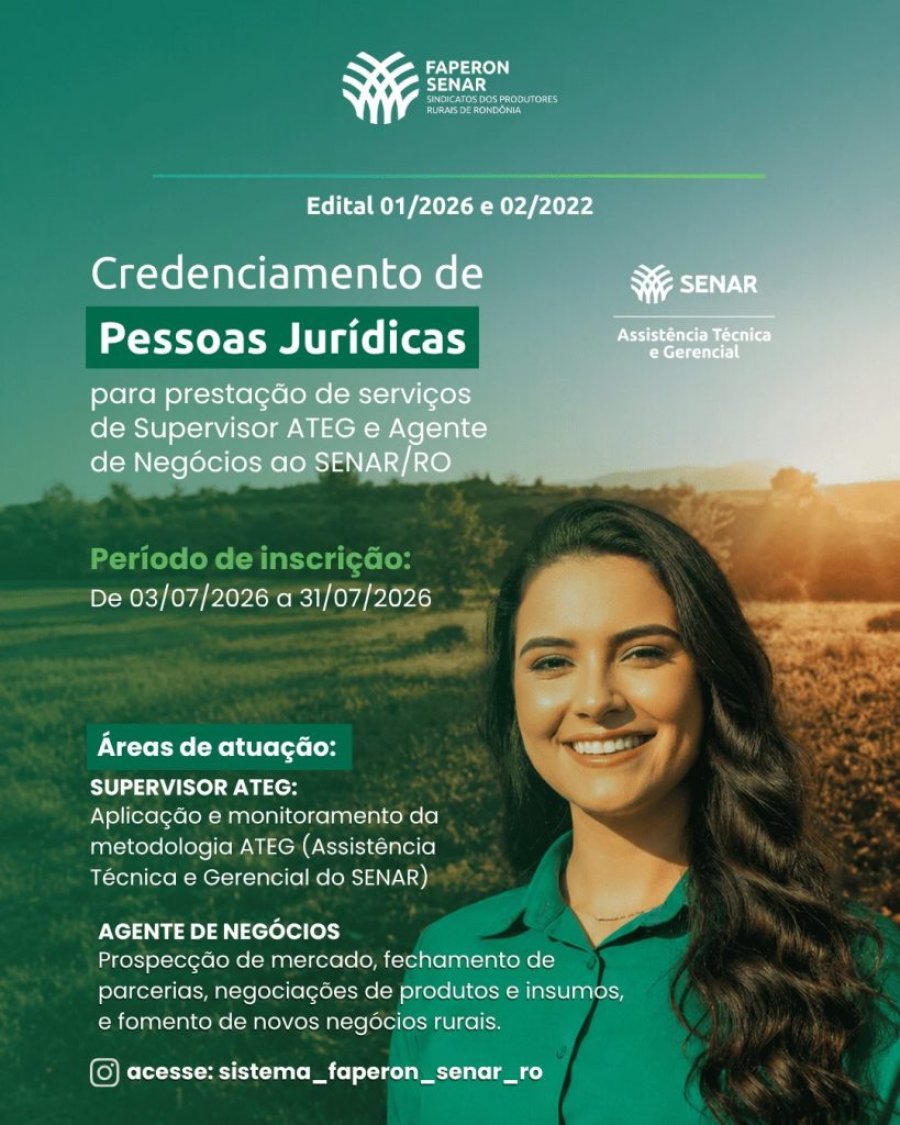 SENAR Rondônia abre inscrições para credenciamento de Supervisor ATeG e Agente de Negócio